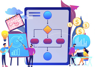 Illustration of a team collaborating on business processes, with icons representing idea generation, planning, workflow diagram on a tablet, and financial growth.