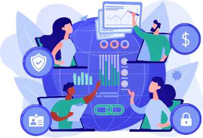Illustration of four diverse professionals engaging in data analysis, surrounded by icons representing security and financial growth, emphasizing a collaborative and secure working environment.