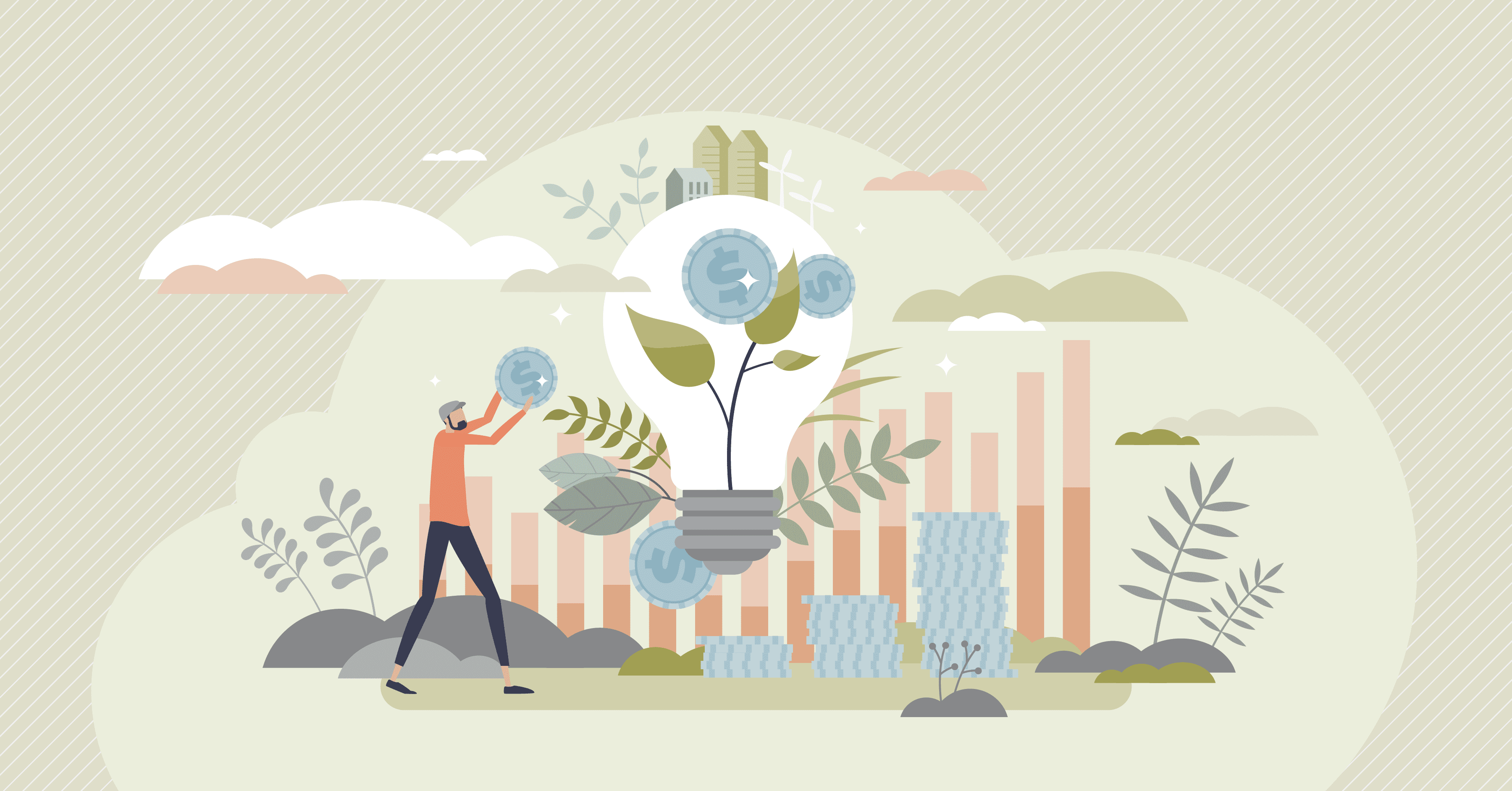 Illustration of a person nurturing a plant growing inside a light bulb, symbolizing the growth of eco-friendly ideas amidst an urban backdrop.