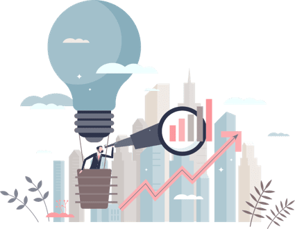 Innovative market analysis: A businessman in a light bulb hot air balloon uses a magnifying glass to examine a rising graph amidst a cityscape, symbolizing strategic insights and growth in the marketplace.