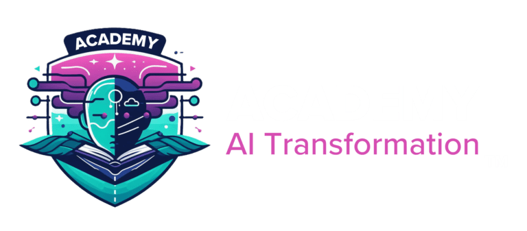 ACADEMY AI Transformation logo featuring a stylized emblem with a human-like figure, circuit elements, and an open book, symbolizing the integration of artificial intelligence education and human learning.