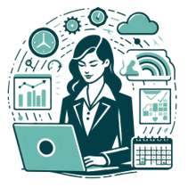 An illustration of a person planning a technology engineering project, surrounded by icons of time management, machinery, cloud computing, data analysis, and mathematical calculations.