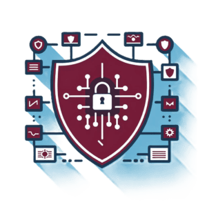 Illustration of a digital security shield symbolizing managed security, with a central lock icon and connected data points. Icons represent various security operations analysis tools around the shield, set against a blue abstract background.