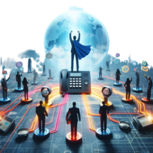 Illustration of a superhero figure representing unified communications, standing on a globe connected with various communications icons, symbolizing a networked world.
