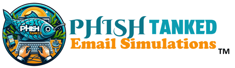 PHISH TANKED™: Cybersecurity service logo with a vibrant fish, tech and security icons, for simulated email phishing defense.