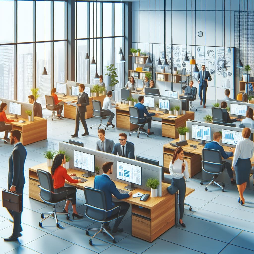 An image of a business office full of employees working on managed services.