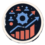 The image represents enhanced productivity and collaboration: figures around a gear, an upward arrow, and growth bars within a blue circle.