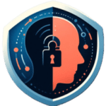 The image portrays how data loss prevention reduces data breach risk: a shield with a human head silhouette, half dark with circuits, half orange with a lock, symbolizing secure data.