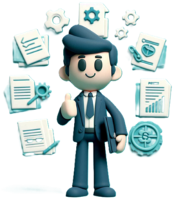 Entrepreneur with documentation icons, ready for business growth and success.