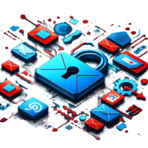 An engaging 3D illustration featuring a blue padlock symbolizing robust email security by Mitigate. Digital icons float around it, emphasizing mitigation against cyber threats.