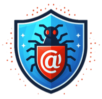 A dynamic shield emblem, radiating with red sparks, symbolizes the robust anti-malware protection. At the center, a stylized black bug with an ‘@’ symbol signifies the digital threats that the service actively works to mitigate against a striking blue background.