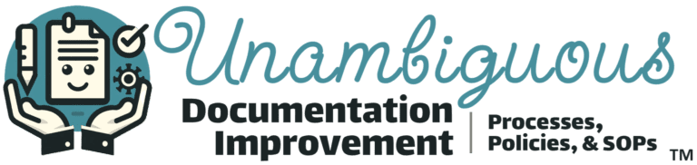 Jadex Strategic Group's logo of Unambiguous Documentation Improvement™ featuring a stylized illustration of a document with a smiling face, hands, and eyes, next to the company’s name in elegant blue font, emphasizing their focus on improving processes, policies, and SOPs