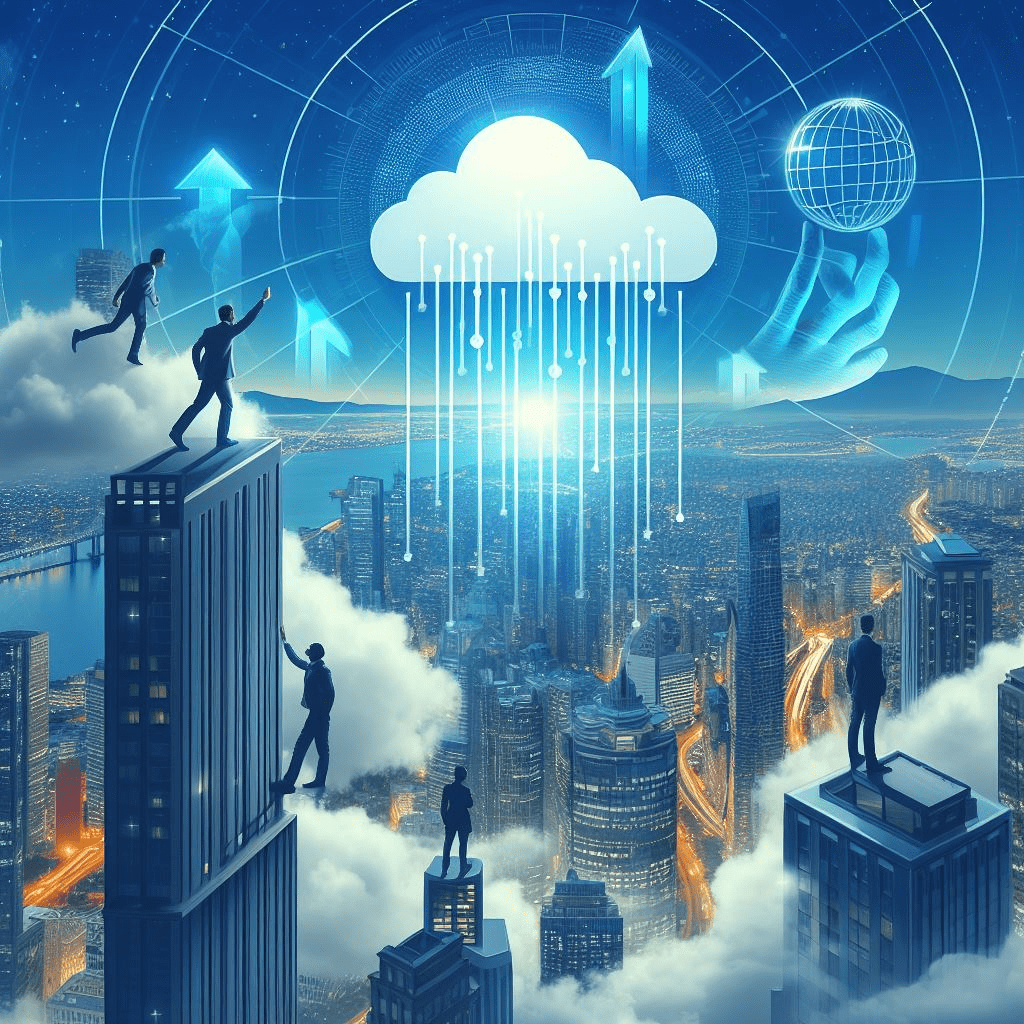 Digital illustration showcasing email protection via cloud technology, with glowing arrows and a stylized cloud symbolizing secure email transmission.