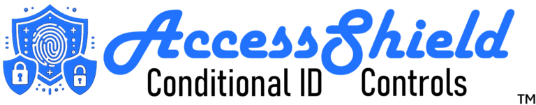 Access Shield™ logo featuring classic royal blue lettering for the title next to a shield with a thumb, signifying identity with two locks indicating protection with conditional access.