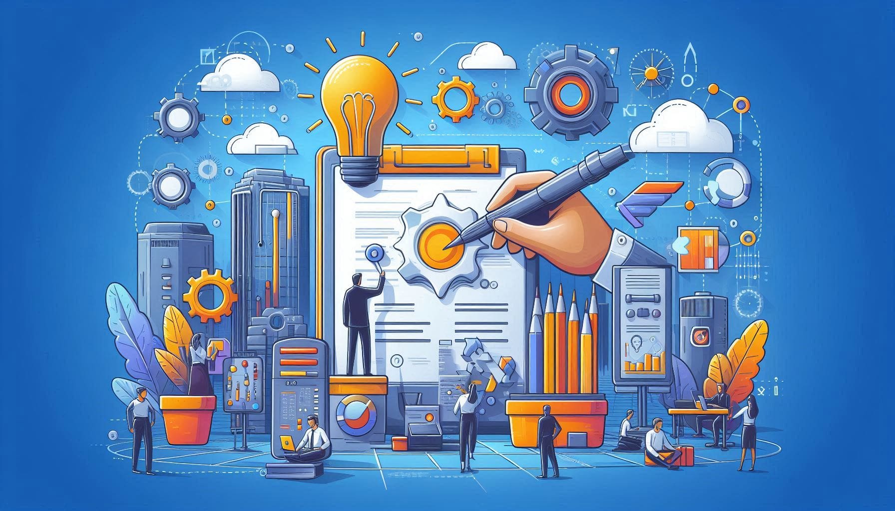An image that depicts case studies with consultants technology icons and documentation on a blue background.