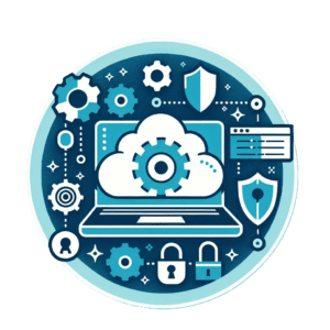 Cloud computing graphic with a laptop and related icons, illustrating Jadex Strategic Group's technical enhancements in cloud services.