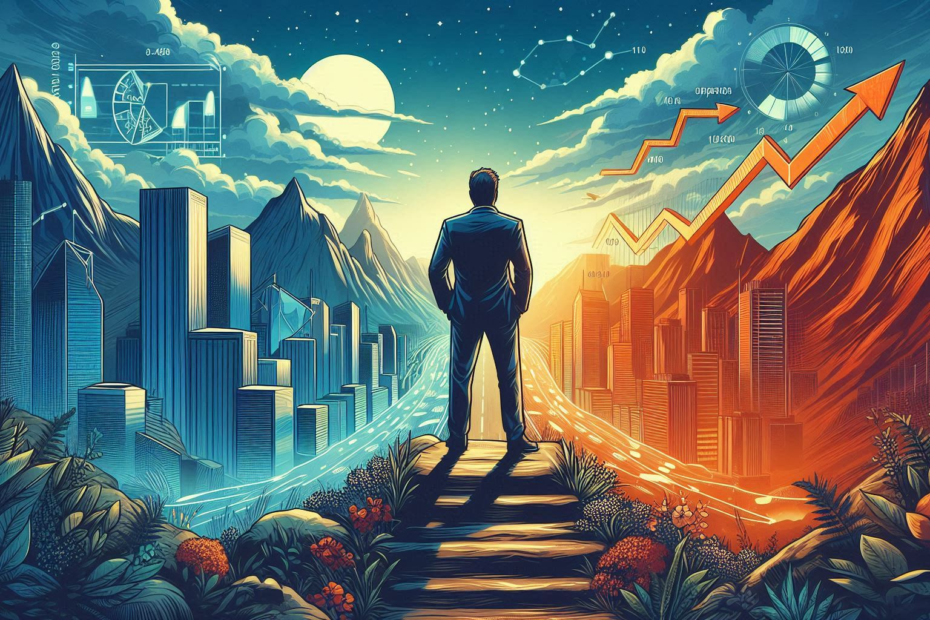 A man in formal attire stands on a path to a city, embodying reflection and gratitude for Jadex Strategic Group's business journey.