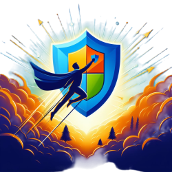 Illustration of a superhero with a cape flying upwards, holding a shield with four colorful quadrants, against a backdrop of digital connections and orange clouds, symbolizing robust managed security services.